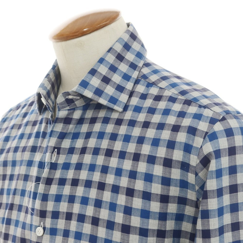 【新品】バルバ BARBA CULTO コットン チェック カジュアルシャツ ライトグレーxネイビー×ブルー【サイズ39】【 状態ランクN 】【 メンズ 】 [DPD]
