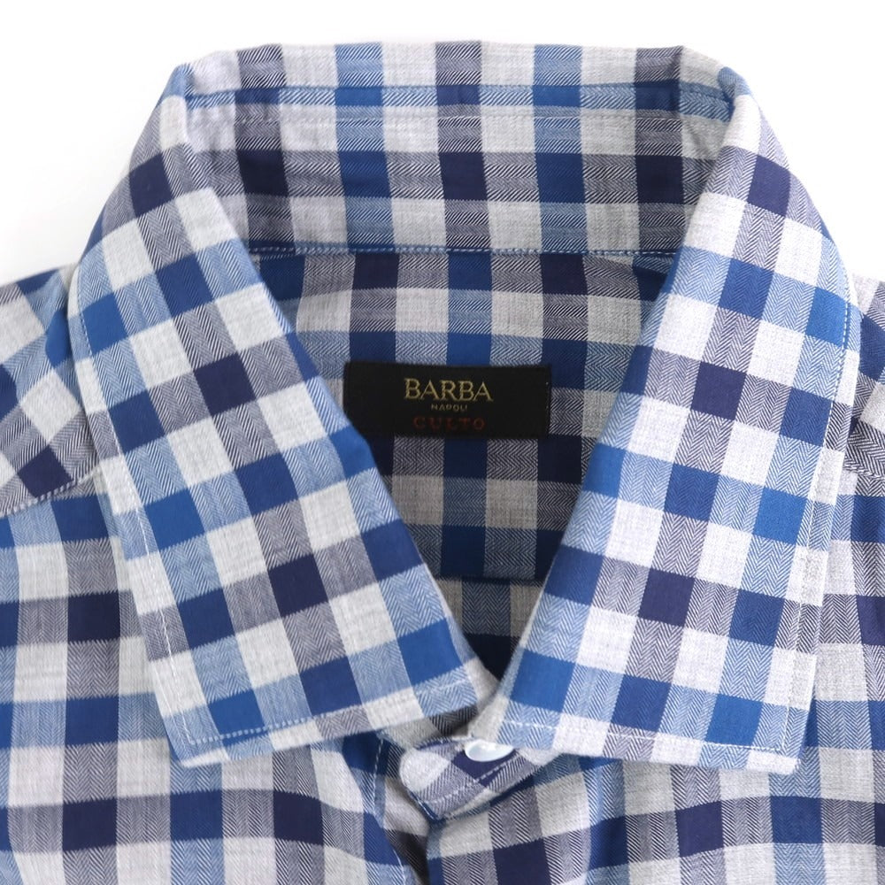 【新品】バルバ BARBA CULTO コットン チェック カジュアルシャツ ライトグレーxネイビー×ブルー【サイズ39】【 状態ランクN 】【 メンズ 】 [DPD]