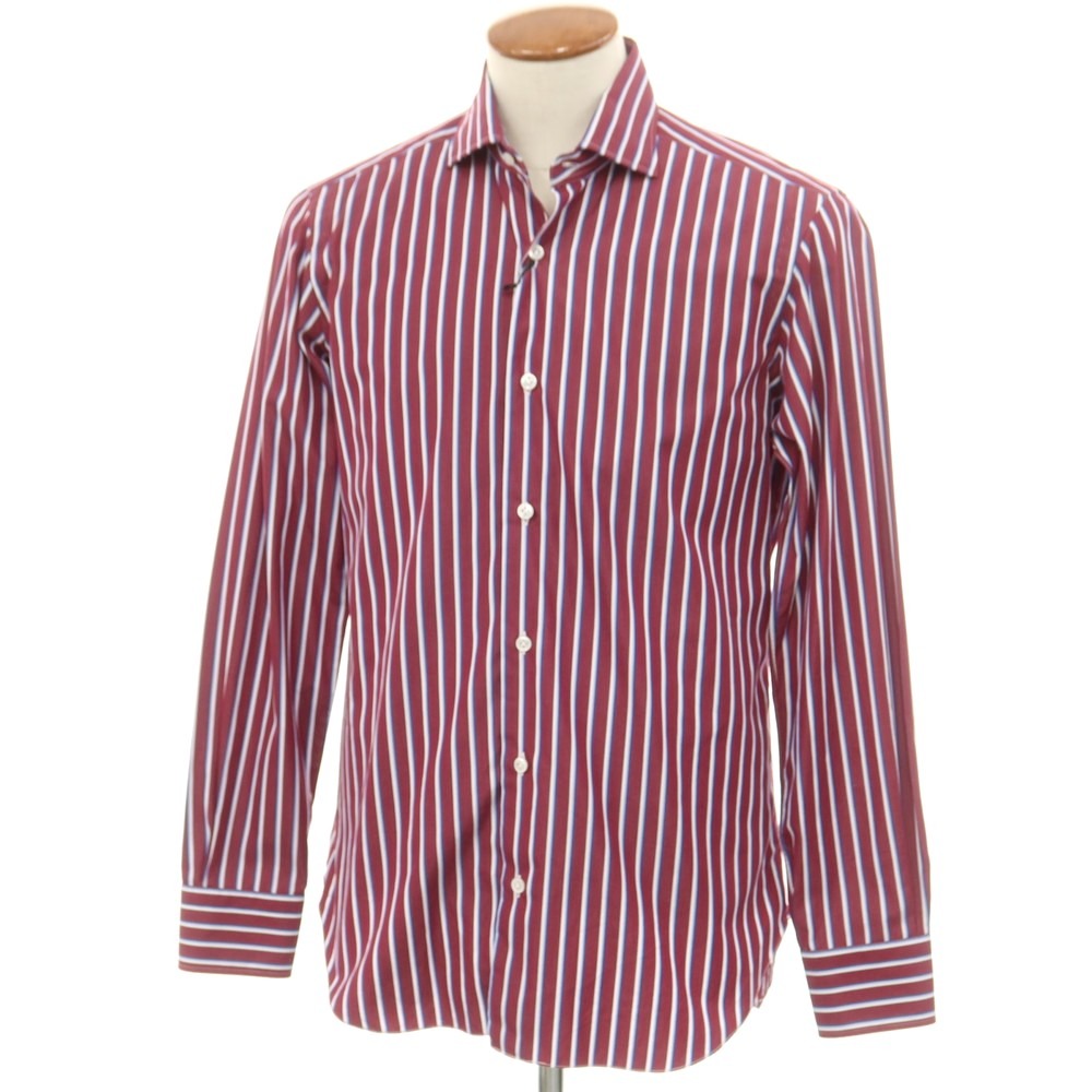 [New] BARBA CULTO Cotton Striped Wide Collar Casual Shirt Wine x White [39] [Condition Rank N] [Men&