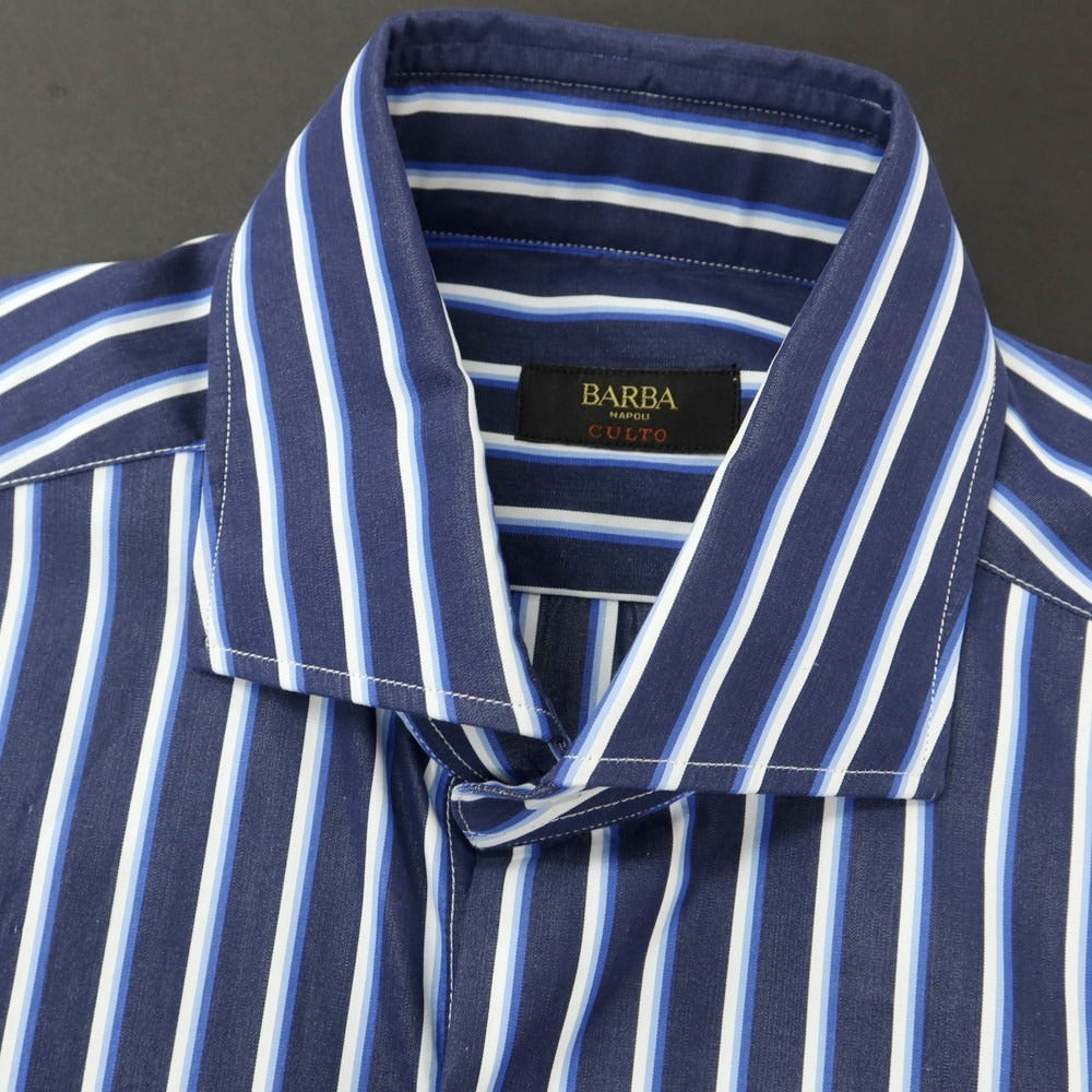 [New] BARBA CULTO Cotton Striped Wide Collar Casual Shirt Navy x White [39] [Condition Rank N] [Men&