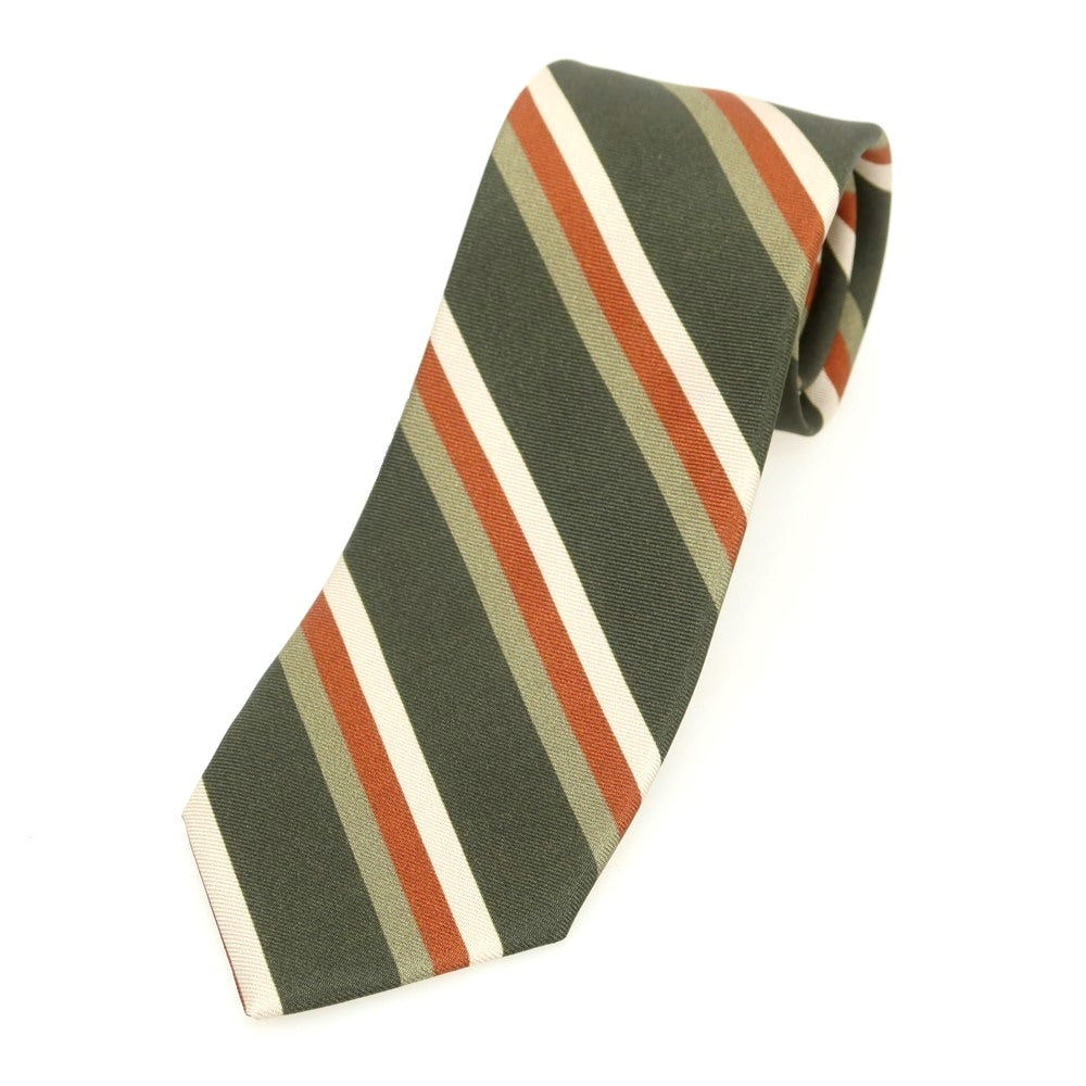 【新品】バルバ BARBA シルク クワトロピエゲ ストライプ柄ネクタイ オリーブxブラウン系【 状態ランクN 】【 メンズ 】