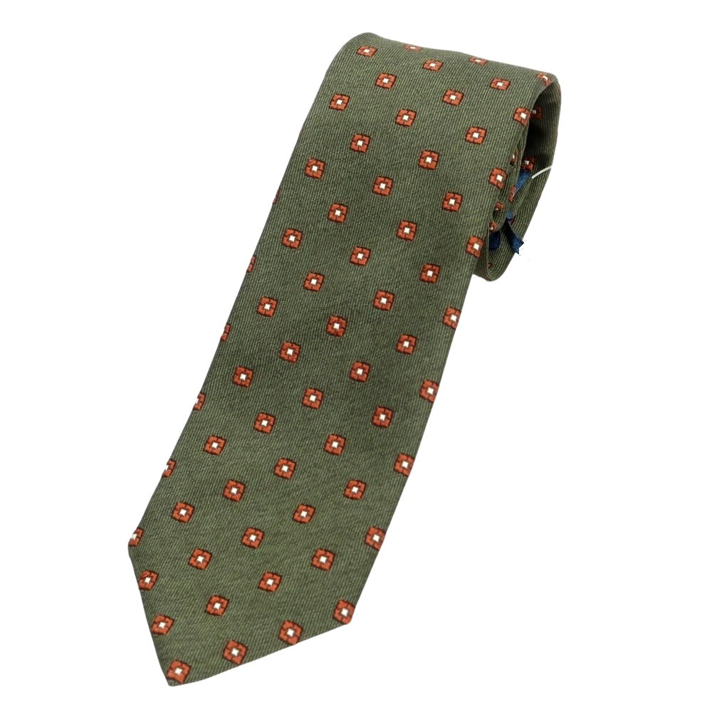 【新品】バルバ BARBA シルク クワトロピエゲ 小紋柄ネクタイ オリーブxブラウン【 状態ランクN 】【 メンズ 】