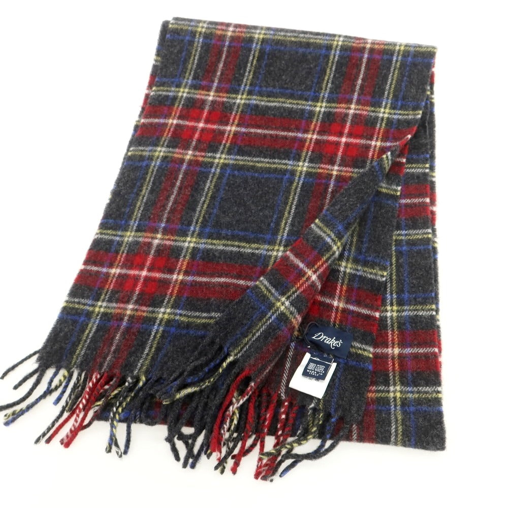 【新品】ドレイクス DRAKES ウール チェック マフラー グレーxレッド【 状態ランクN 】【 メンズ 】
