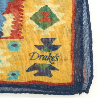 【新品】ドレイクス DRAKES ウールシルク プリント ポケットチーフ ネイビーxイエローオレンジ【 状態ランクN 】【 メンズ 】