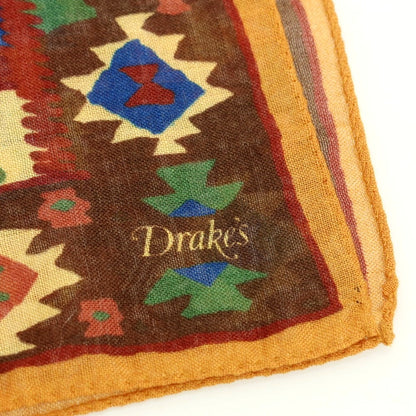 【新品アウトレット】ドレイクス DRAKES ウールシルク プリント ポケットチーフ ダークブラウンxダークオレンジ【 状態ランクN- 】【 メンズ 】