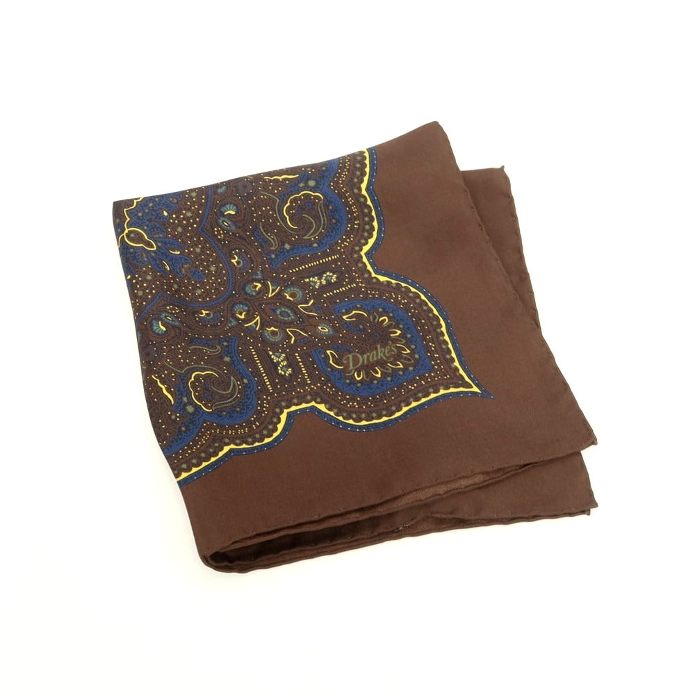 【新品】ドレイクス DRAKES シルク ペイズリー柄 ポケットチーフ ダークブラウンxマルチカラー【 状態ランクN 】【 メンズ 】