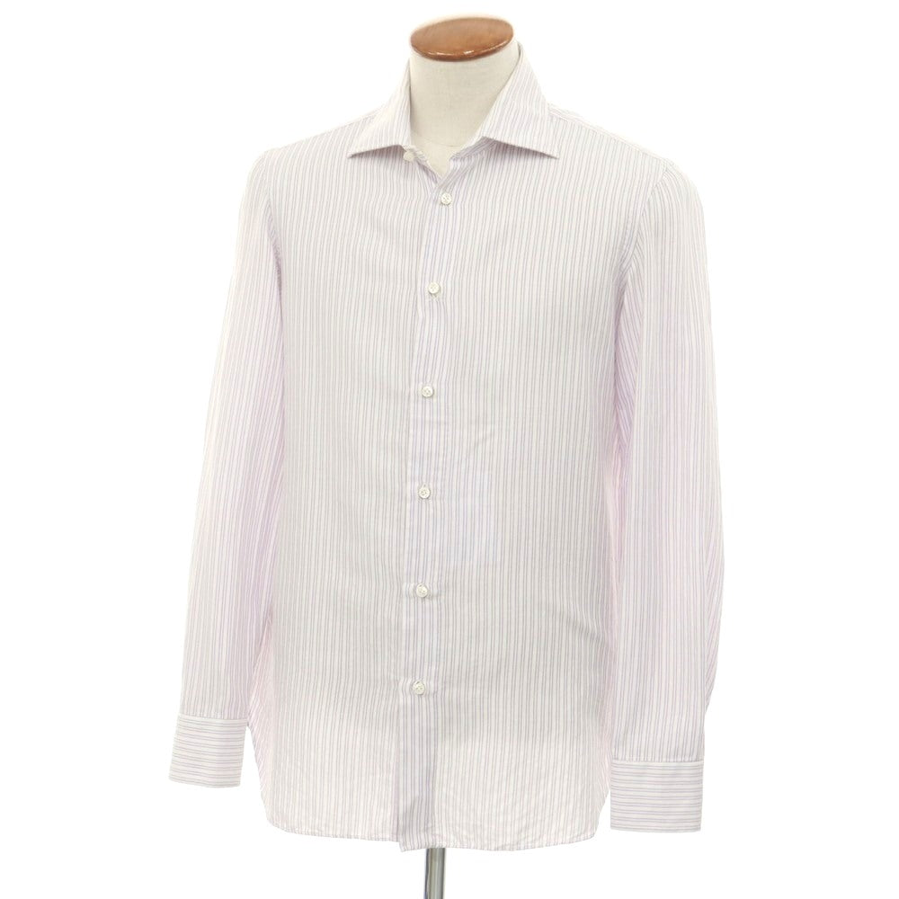[Used] Luigi Borrelli Cotton Striped Semi-Wide Collar Dress Shirt White x Lavender [39] [Condition Rank C] [Men&