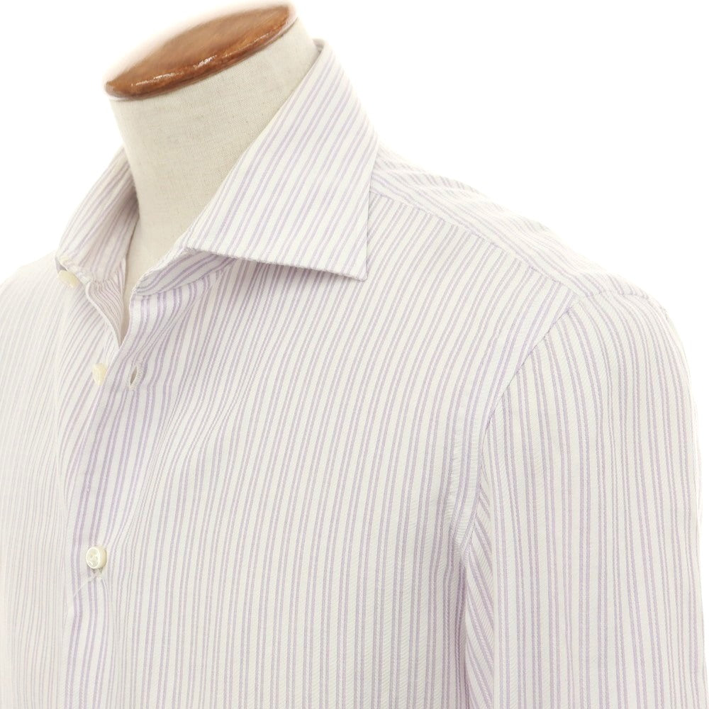 [Used] Luigi Borrelli Cotton Striped Semi-Wide Collar Dress Shirt White x Lavender [39] [Condition Rank C] [Men&