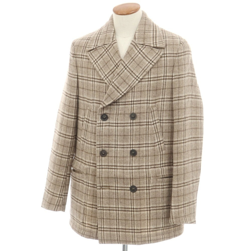 【中古】ティージャケット T-JACKET ウールカシミヤ チェック ピーコート ベージュxブラウン【 M 】【 状態ランクB 】【 メンズ 】