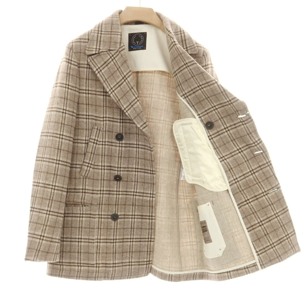 【中古】ティージャケット T-JACKET ウールカシミヤ チェック ピーコート ベージュxブラウン【 M 】【 状態ランクB 】【 メンズ 】