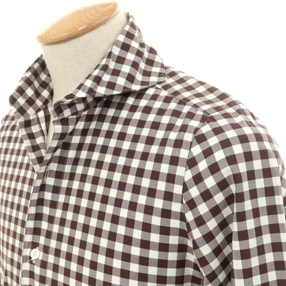 [Used] Finamore Cotton Gingham Check Horizontal Collar Casual Shirt Brown x White [37] [Condition Rank B] [Men&