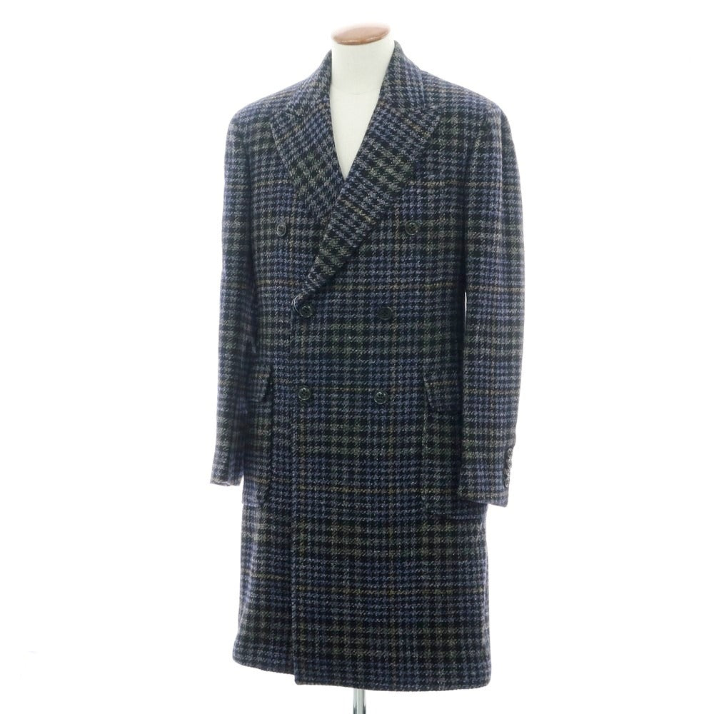 【新品】ドルモア DRUMOHR ウール チェック ダブルブレスト ポロコート ブラックxパープルネイビー【 48 】【 状態ランクN 】【 メンズ 】