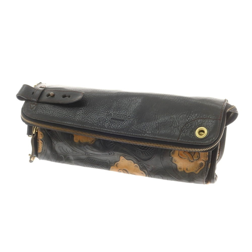【中古】【未使用】ルコンド L&amp;KONDO カービングレザー クラッチバッグ ブラックxイエローブラウン【 状態ランクS 】【 ユニセックス 】