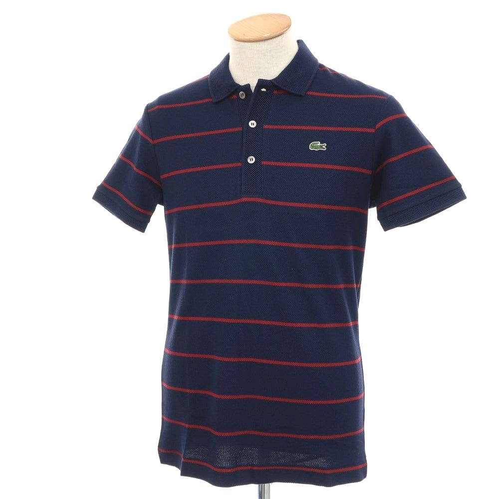 【中古】【未使用】ラコステ LACOSTE コットン ボーダー 半袖ポロシャツ ネイビーxレッド系【 3 】【 状態ランクS 】【 メンズ 】