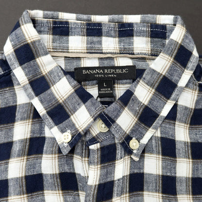 [Used] [Unused] Banana Republic Linen Check Button-down Casual Shirt Navy x White [L] [Condition Rank S] [Men&