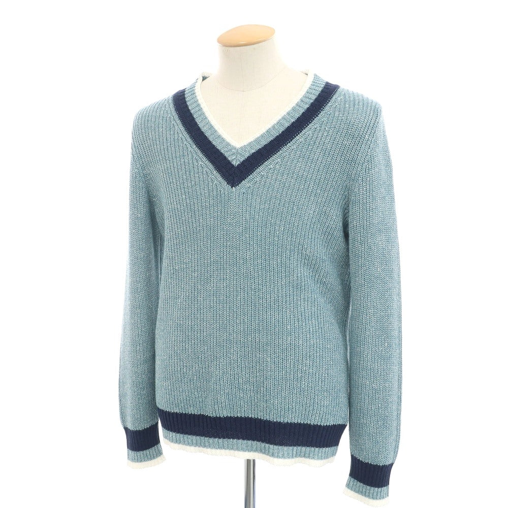 [Used] GRAN SASSO Mid-gauge linen cotton V-neck pullover knit Light blue x navy [46] [Condition rank A] [Men&