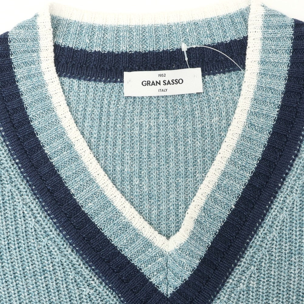 [Used] GRAN SASSO Mid-gauge linen cotton V-neck pullover knit Light blue x navy [46] [Condition rank A] [Men&