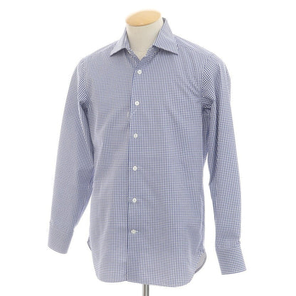 [Used] BEAMS F Cotton Check Wide Collar Dress Shirt Navy x White [38] [Condition Rank B] [Men&