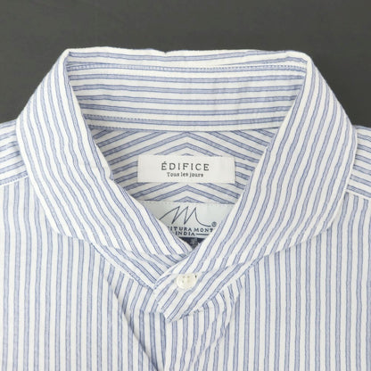 [Used] EDIFICE Cotton Seersucker Striped Cutaway Casual Shirt Light Navy x White [S] [Condition Rank C] [Men&