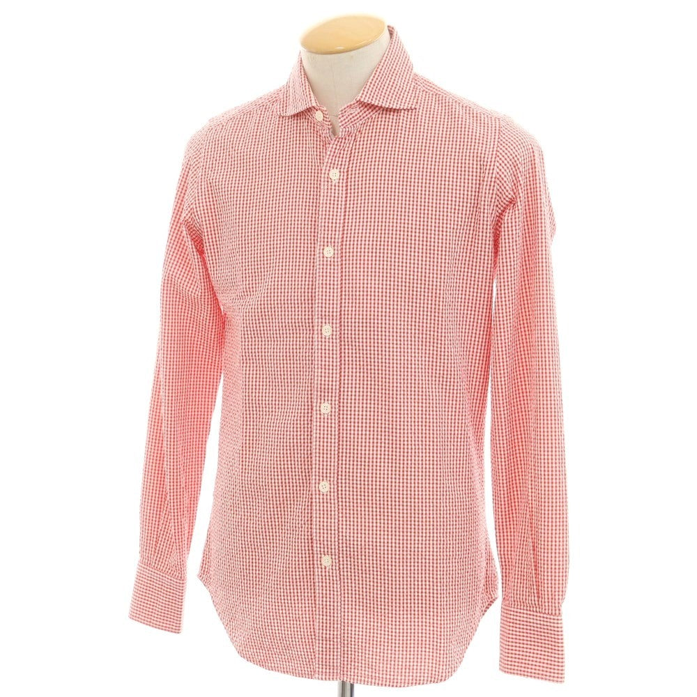 [Used] eleventy Cotton Seersucker Gingham Check Horizontal Collar Casual Shirt Red x White [37] [Condition Rank C] [Men&