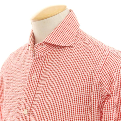 [Used] eleventy Cotton Seersucker Gingham Check Horizontal Collar Casual Shirt Red x White [37] [Condition Rank C] [Men&