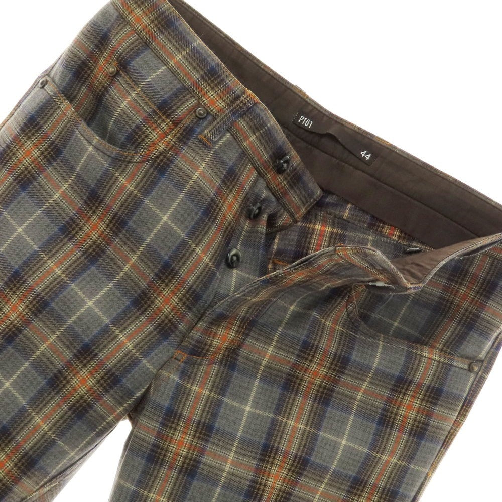 【中古】ピーティーゼロウーノ PT01 CROSSBREAD ウール チェック カジュアルスラックスパンツ グレーxオレンジ【 44 】【 状態ランクC 】【 メンズ 】