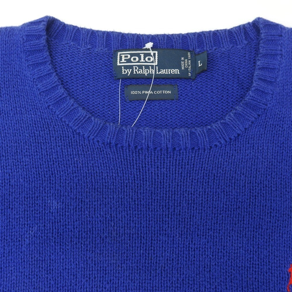 【中古】ポロ ラルフローレン Polo Ralph Lauren ミドルゲージ コットン クルーネック プルオーバーニット ロイヤルブルー【 L 】【 状態ランクC 】【 メンズ 】