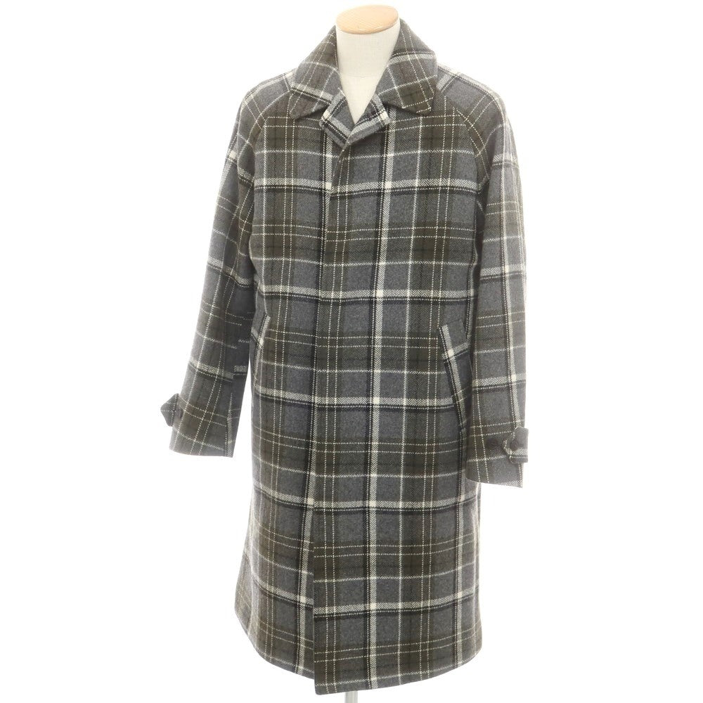 【中古】イーヴォ Hevo ウールナイロン チェック ステンカラーコート グレーxオリーブ【 42 】【 状態ランクA 】【 メンズ 】