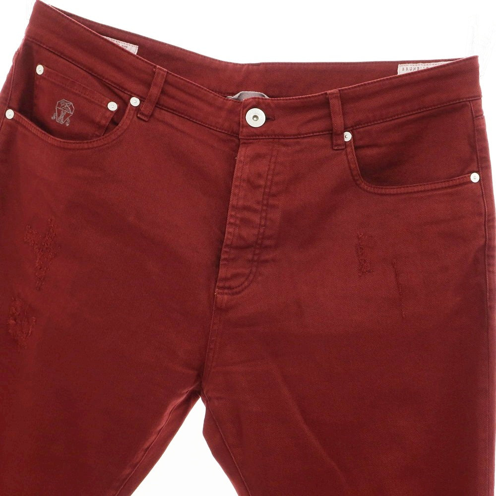 【中古】ブルネロクチネリ Brunello Cucinelli クラッシュ＆リペア加工 ストレッチ コットン デニムパンツ マルーン【 50 】【 状態ランクB 】【 メンズ 】