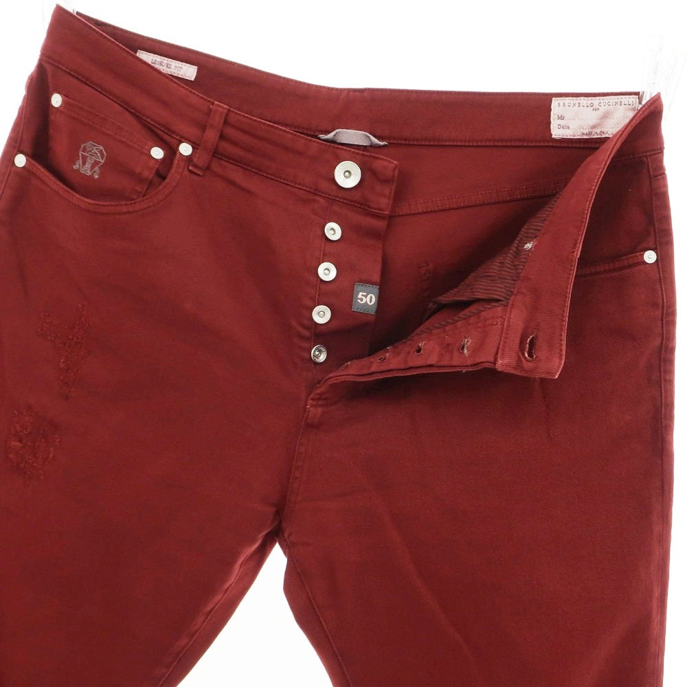 [Used] Brunello Cucinelli Distressed and repaired stretch cotton denim pants, maroon [50] [Condition: B] [Men&