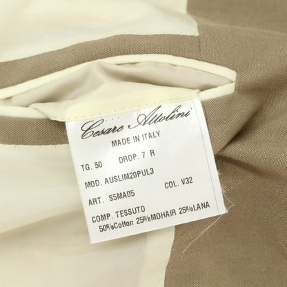【中古】チェーザレ アットリーニ Cesare Attolini コットンモヘヤウール 2つボタンスーツ オリーブベージュ【 50 Drop7 】【 状態ランクC 】【 メンズ 】