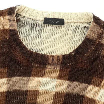 [Used] CRUCIANI mid-gauge cotton check crew neck pullover knit, brown [50] [Condition rank D] [Men&