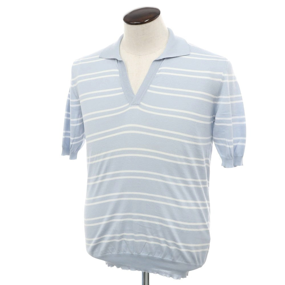 [Used] Cesare Attolini High gauge cotton striped skipper polo knit Light dull blue x white [50] [Condition rank A] [Men&