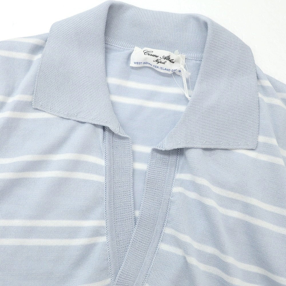 [Used] Cesare Attolini High gauge cotton striped skipper polo knit Light dull blue x white [50] [Condition rank A] [Men&