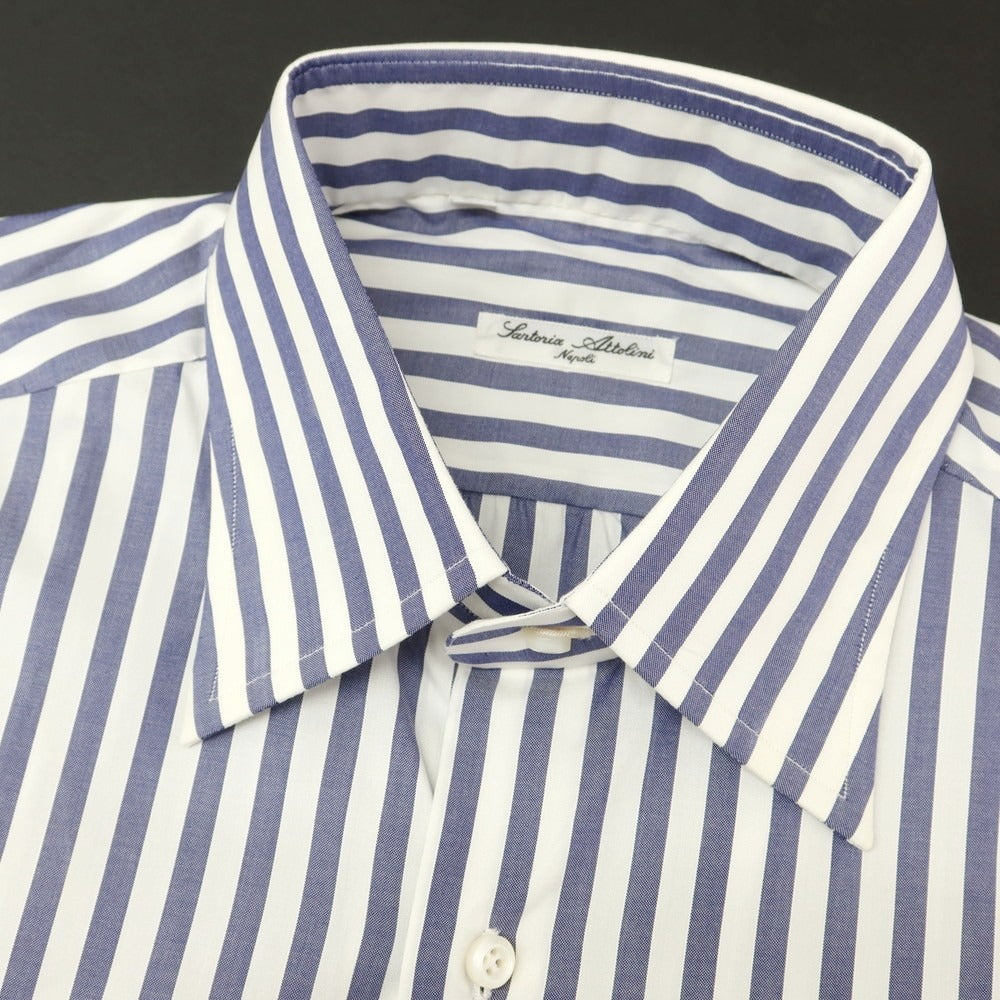 [Used] Sartoria Attolini Broad Cotton Striped Dress Shirt White x Navy [42] [Condition Rank A] [Men&