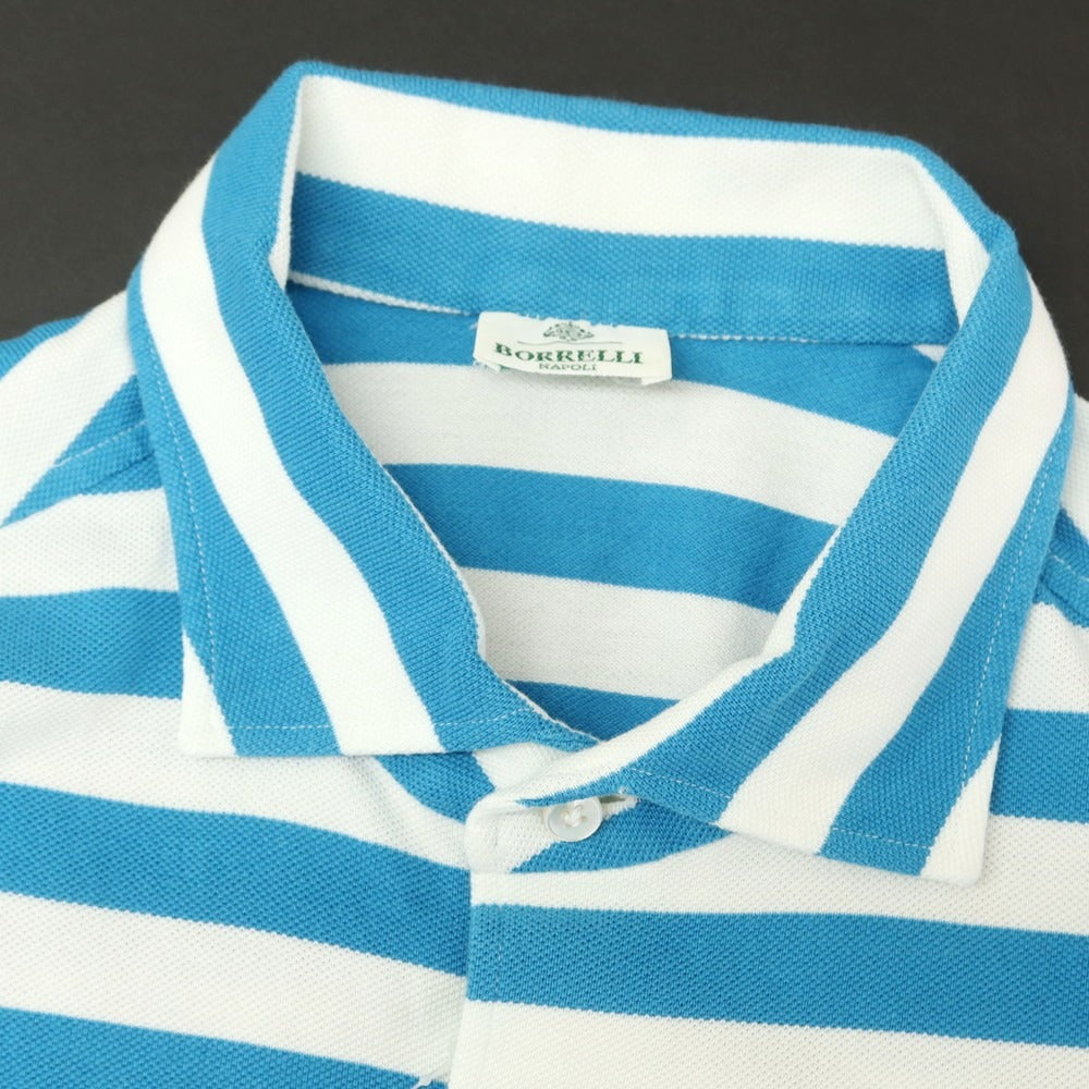[Used] Luigi Borrelli Pique Cotton Striped Short Sleeve Shirt Polo Shirt Blue x White [M] [Condition Rank B] [Men&