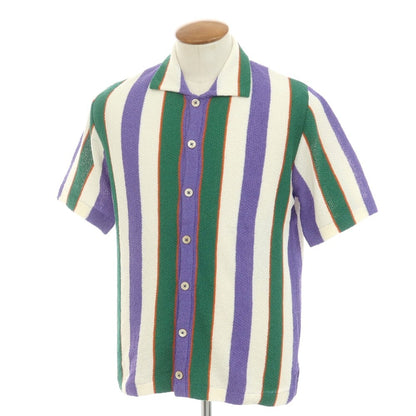 [New] GALLIA Cotton Nylon Striped Collared Short Sleeve Knit Cardigan Purple x White [46] [Condition Rank N] [Men&