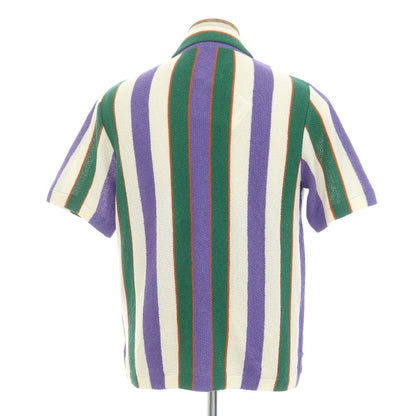 [New] GALLIA Cotton Nylon Striped Collared Short Sleeve Knit Cardigan Purple x White [46] [Condition Rank N] [Men&