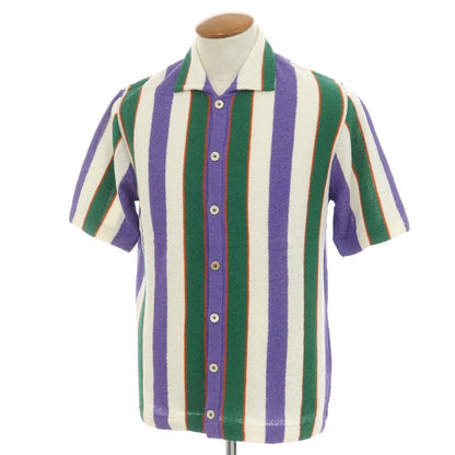[New] GALLIA Cotton Nylon Striped Collared Short Sleeve Knit Cardigan Purple x White [48] [Condition Rank N] [Men&