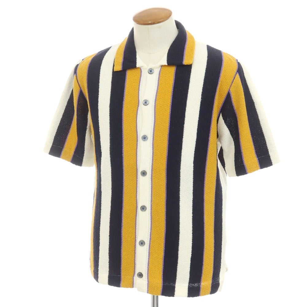 [New] GALLIA Cotton Nylon Striped Collared Short Sleeve Knit Cardigan Orange x Dark Navy [46] [Condition Rank N] [Men&