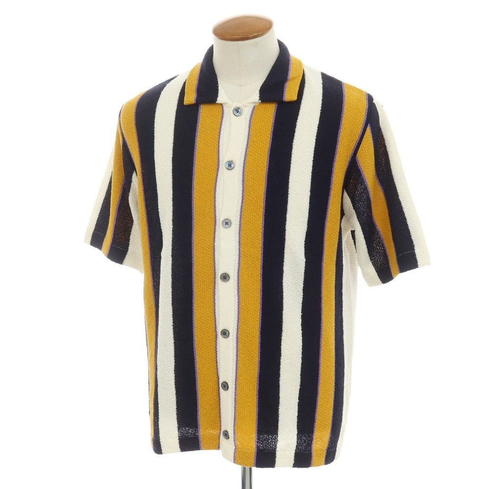 [New] GALLIA Cotton Nylon Striped Collared Short Sleeve Knit Cardigan Orange x Dark Navy [48] [Condition Rank N] [Men&