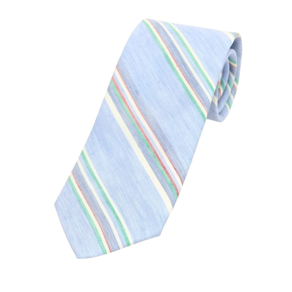 【新品】ブリューワー BREUER シルクリネン ストライプ柄ネクタイ ライトブルーxグリーン【 状態ランクN 】【 メンズ 】