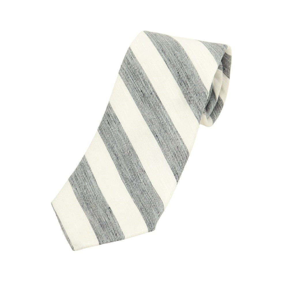 【新品】ブリューワー BREUER リネンシルク ストライプ柄ネクタイ グレーxホワイト【 状態ランクN 】【 メンズ 】