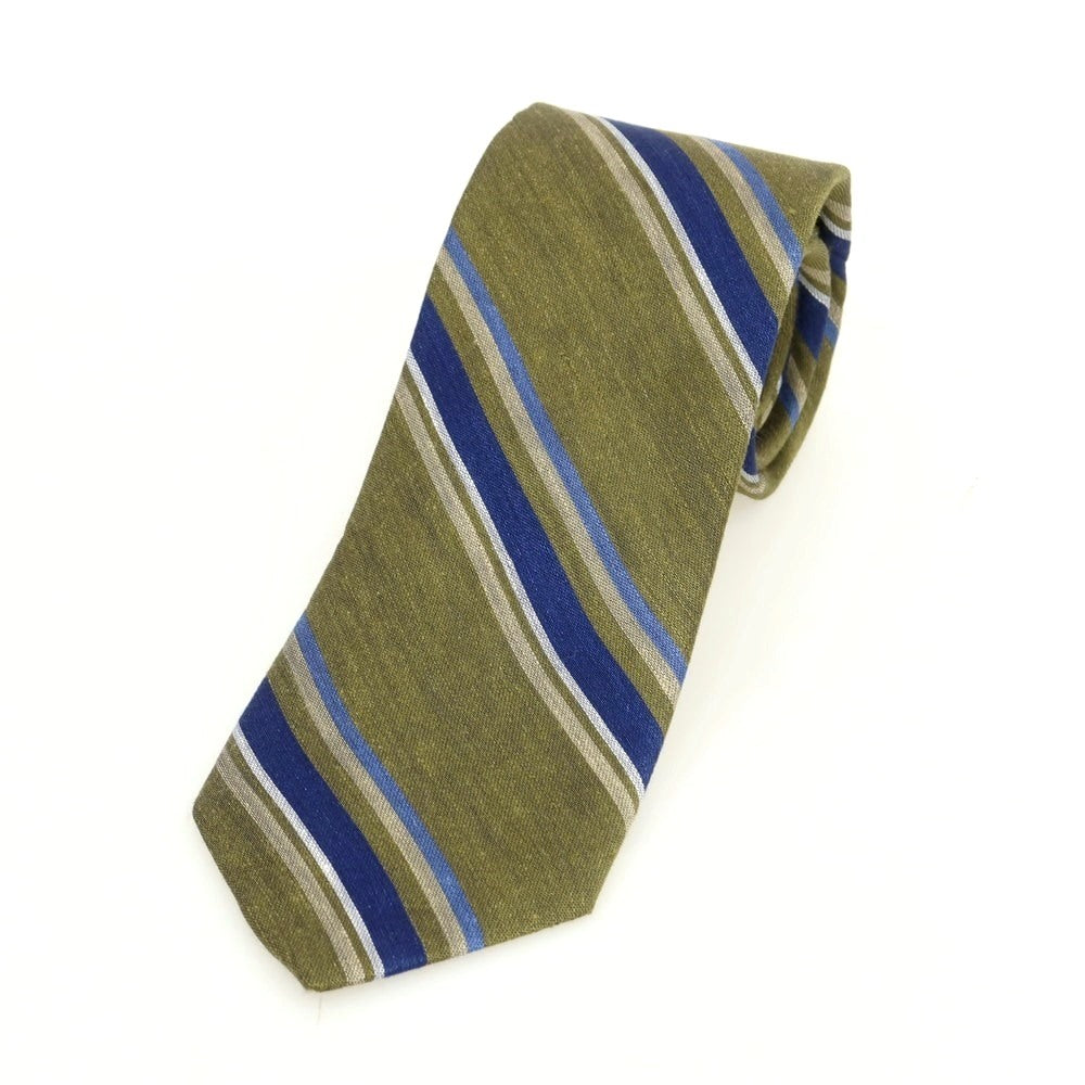 【新品】ブリューワー BREUER シルクリネン ストライプ柄ネクタイ オリーブxネイビー【 状態ランクN 】【 メンズ 】