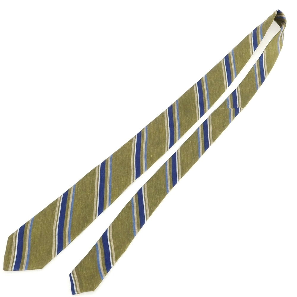 【新品】ブリューワー BREUER シルクリネン ストライプ柄ネクタイ オリーブxネイビー【 状態ランクN 】【 メンズ 】