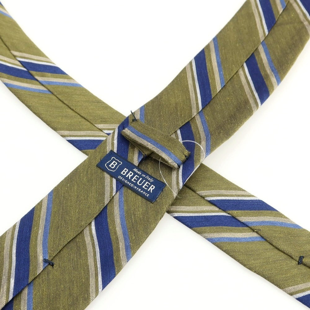 [New] Brewer Silk Linen Striped Necktie Olive x Navy [Condition Rank N] [Men&