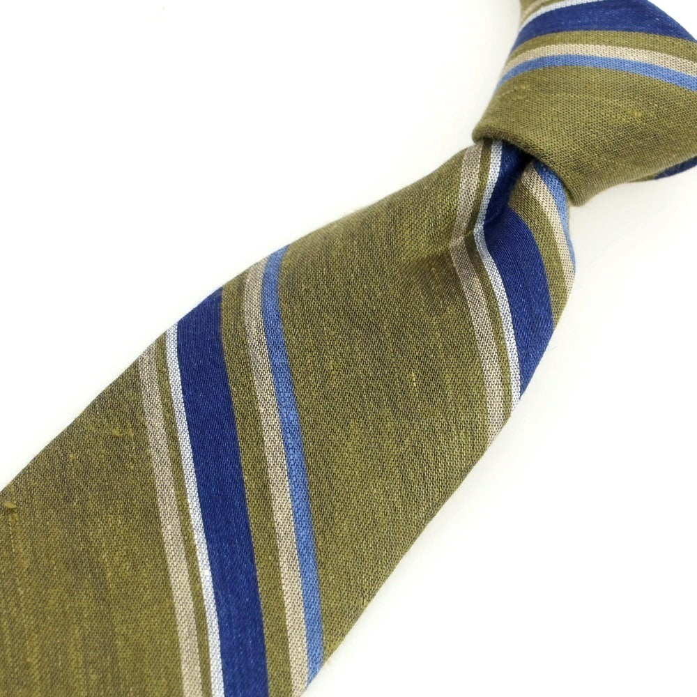 [New] Brewer Silk Linen Striped Necktie Olive x Navy [Condition Rank N] [Men&