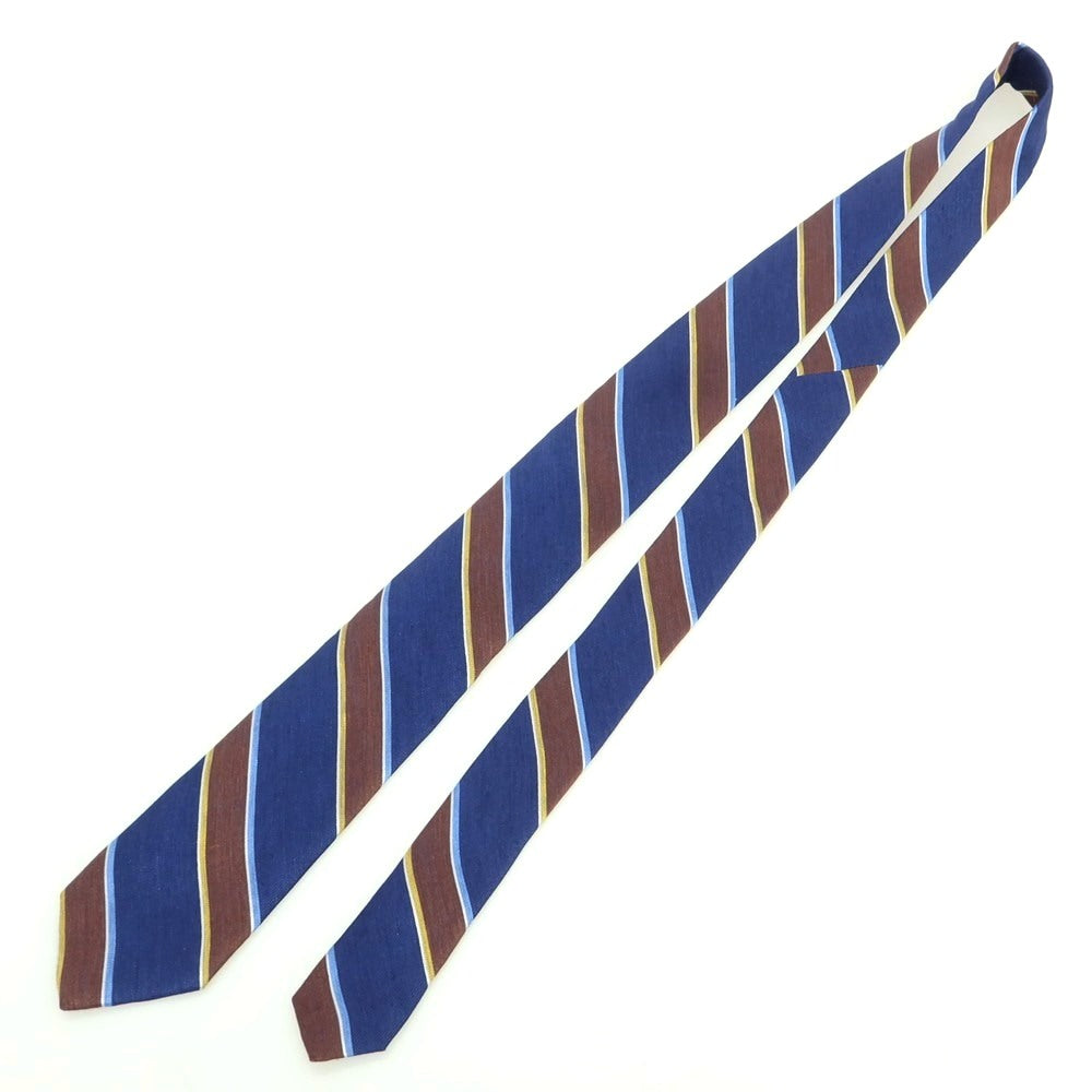 [New] Brewer Silk Linen Striped Necktie Navy x Brown [Condition Rank N] [Men&