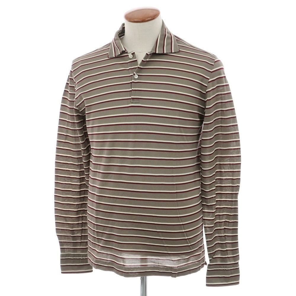 [Used] DANOLIS Cotton Striped Long Sleeve Polo Shirt Warm Gray x Bordeaux [M] [Condition Rank B] [Men&