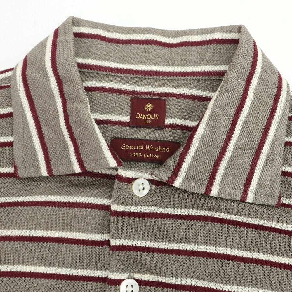 [Used] DANOLIS Cotton Striped Long Sleeve Polo Shirt Warm Gray x Bordeaux [M] [Condition Rank B] [Men&